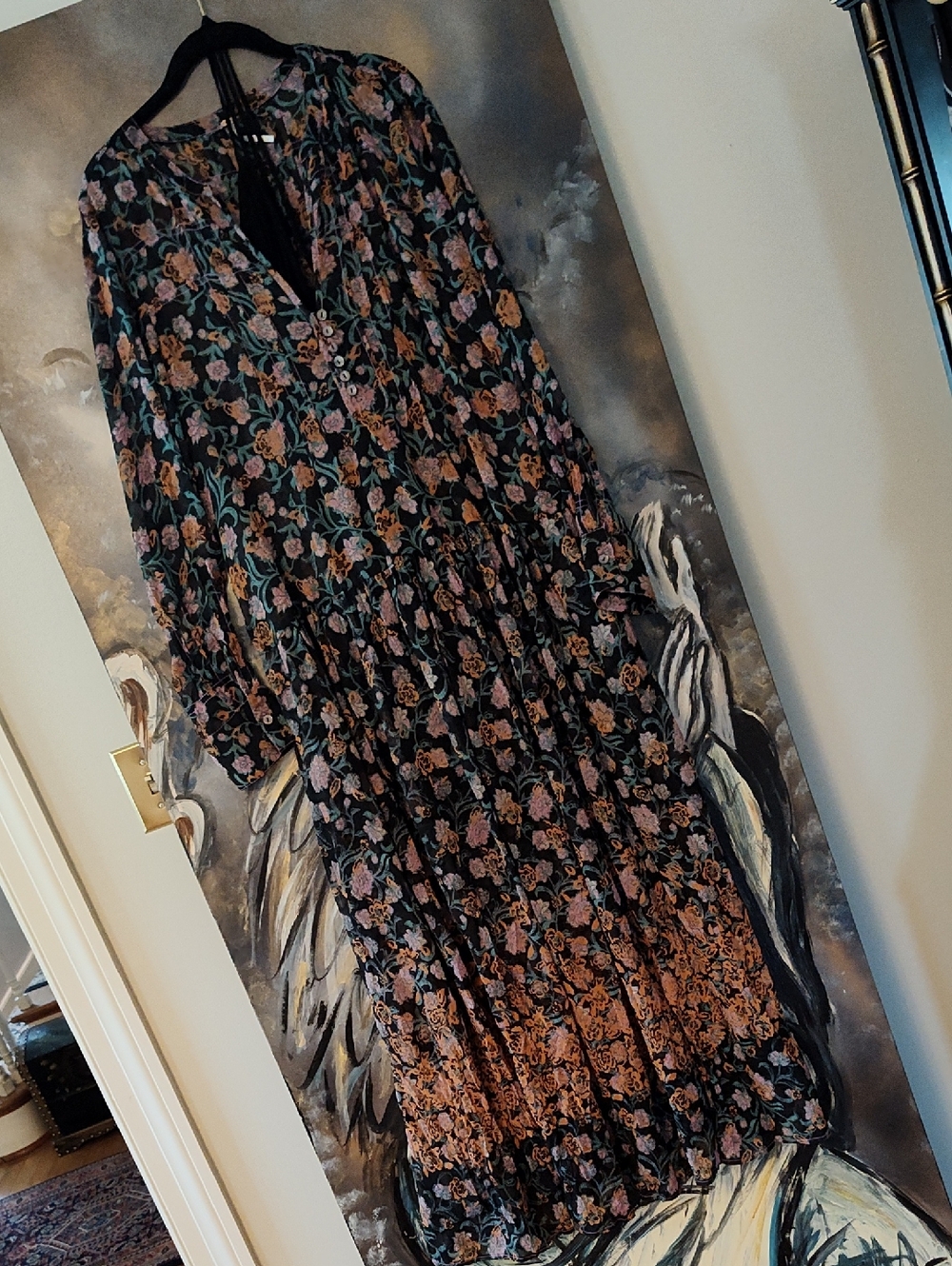 Free People Black Maxi Dress with Mauve and Green Floral Print